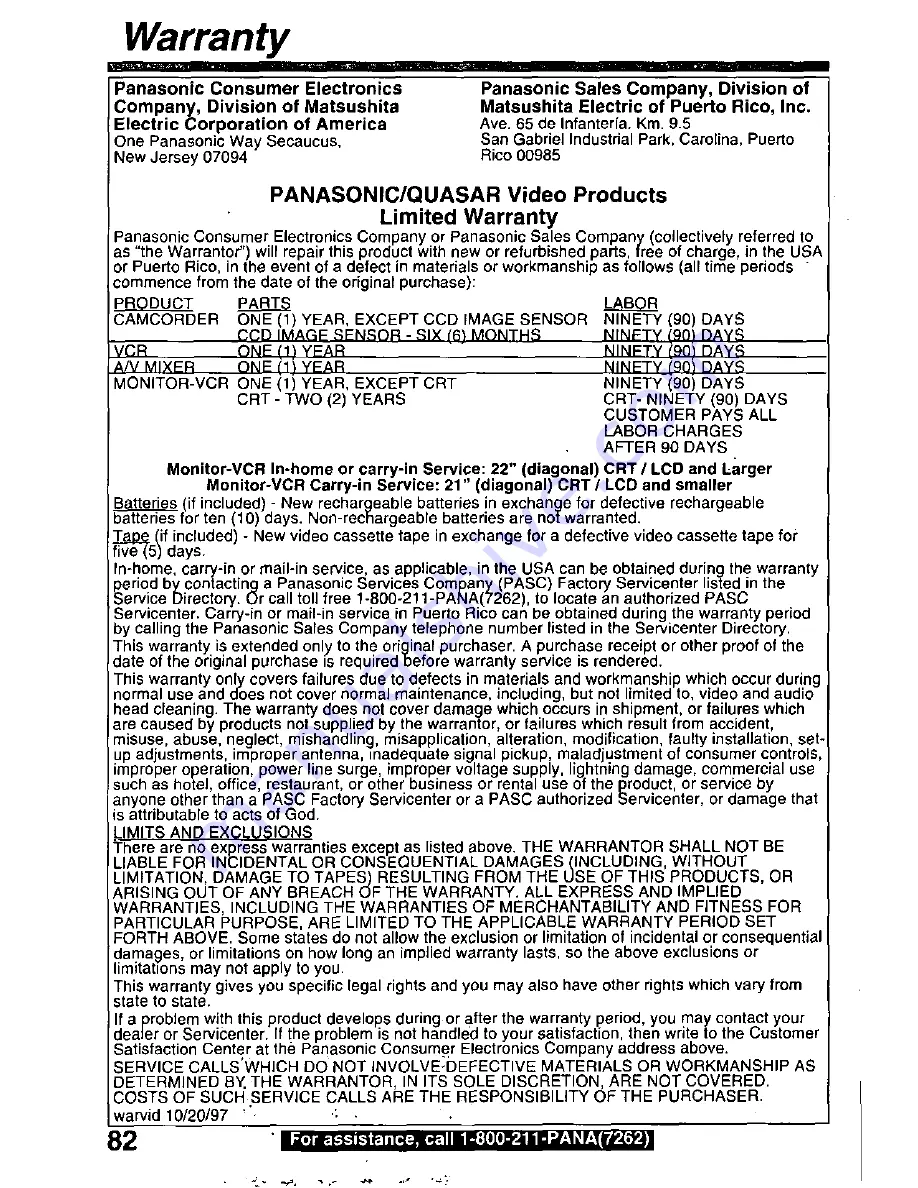 Panasonic Palmcorder PV-L780 User Manual Download Page 82