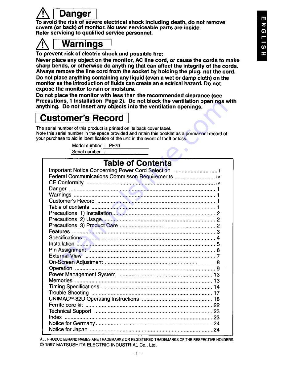 Panasonic PanaFlat PF70 Operating Instructions Manual Download Page 6