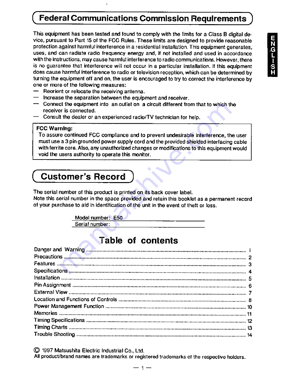 Panasonic PANASYNC E50 Operating Instructions Manual Download Page 3