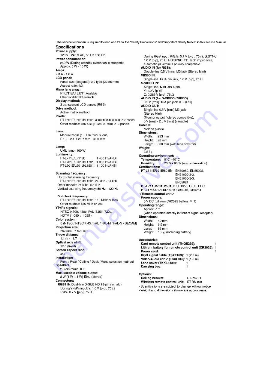 Panasonic PT-L1501 Скачать руководство пользователя страница 2