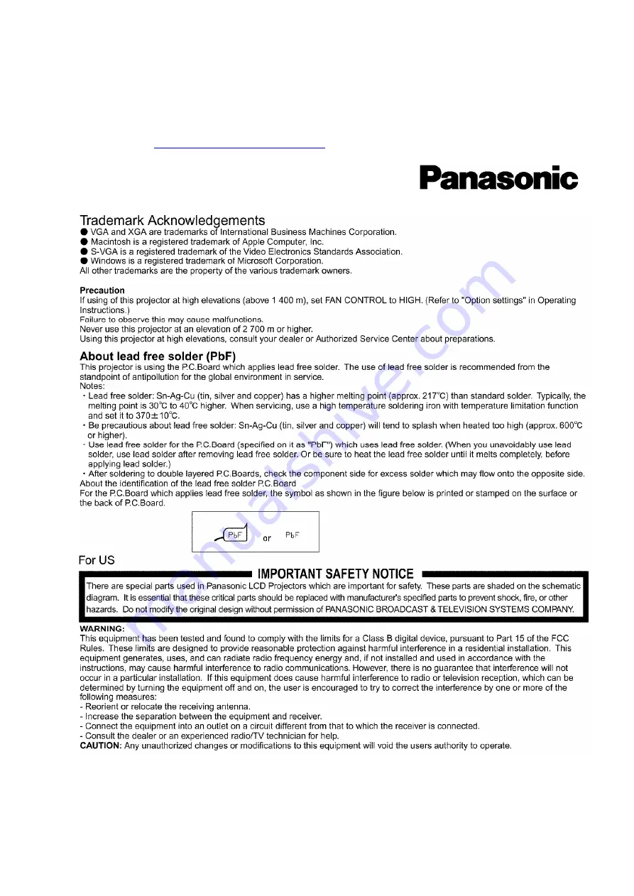 Panasonic PT-L520E Service Manual Download Page 3