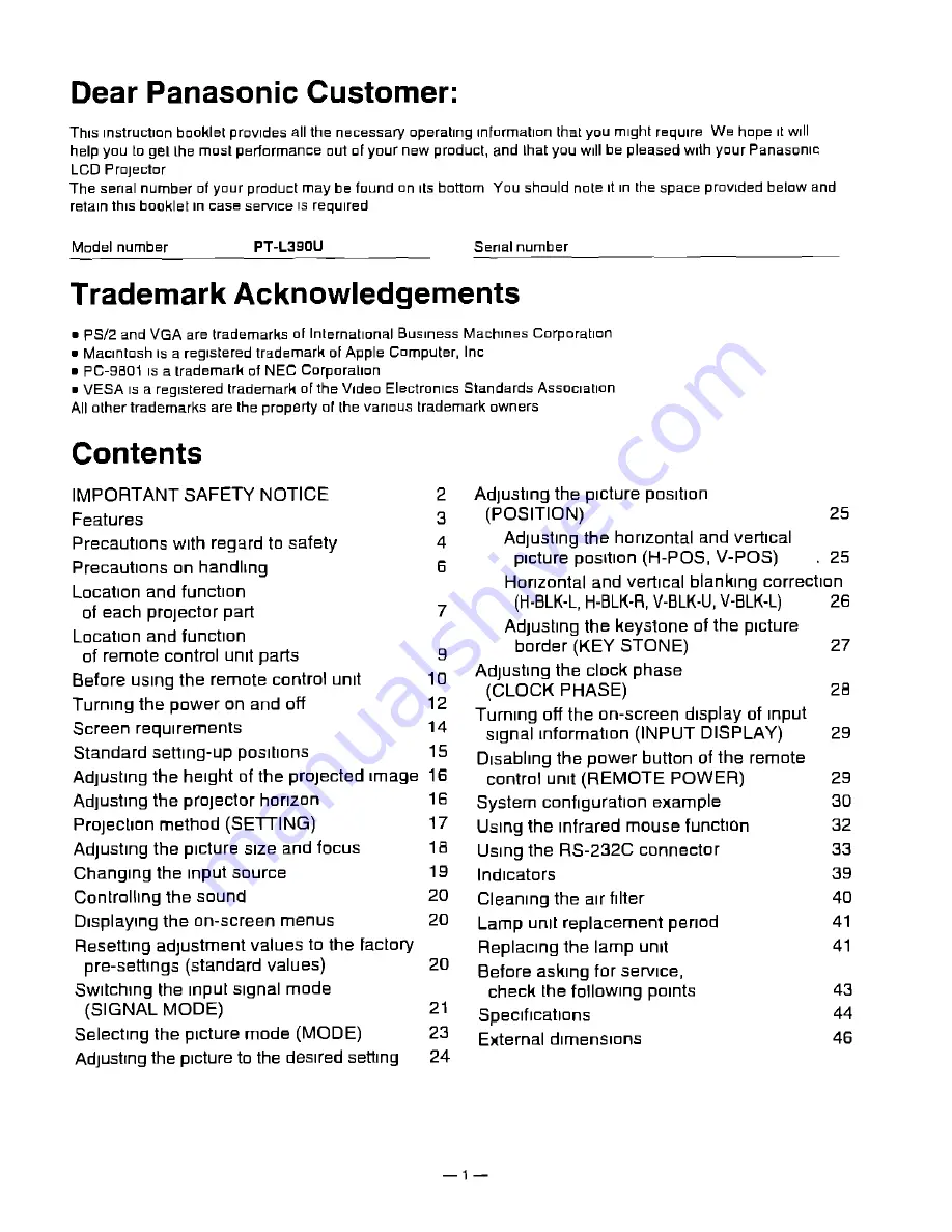 Panasonic PTL390U - LCD PROJECTOR Operating Instructions Manual Download Page 2