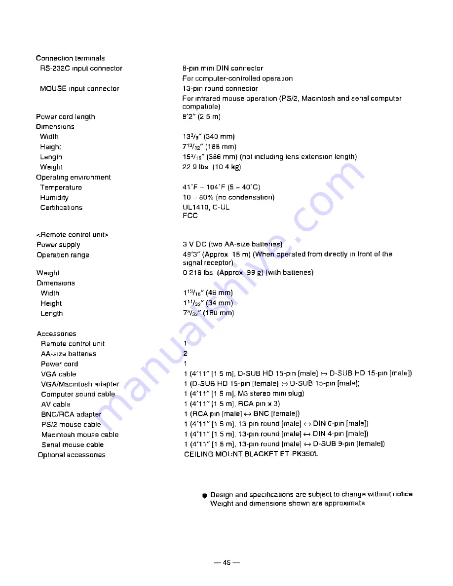 Panasonic PTL390U - LCD PROJECTOR Operating Instructions Manual Download Page 46