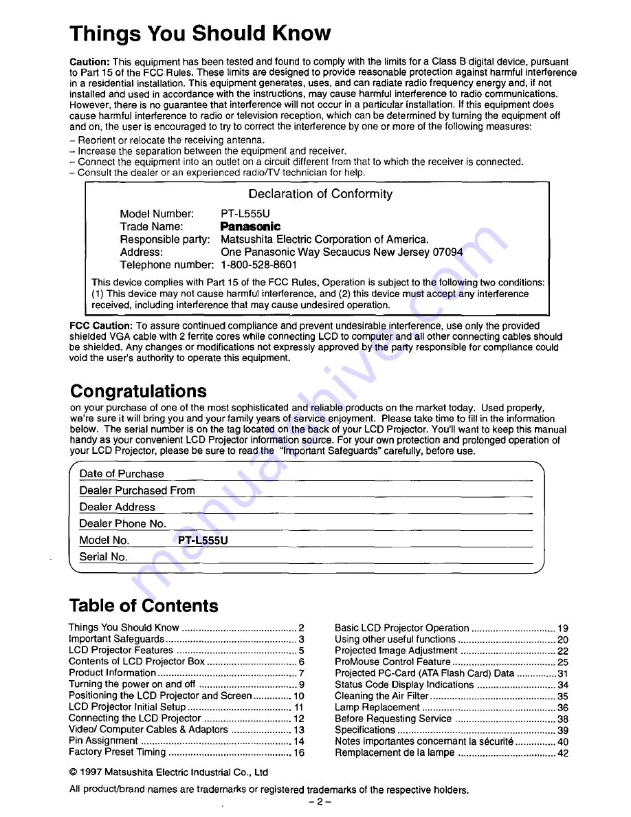 Panasonic PTL555U - LCD PROJECTOR Operating Instructions Manual Download Page 2