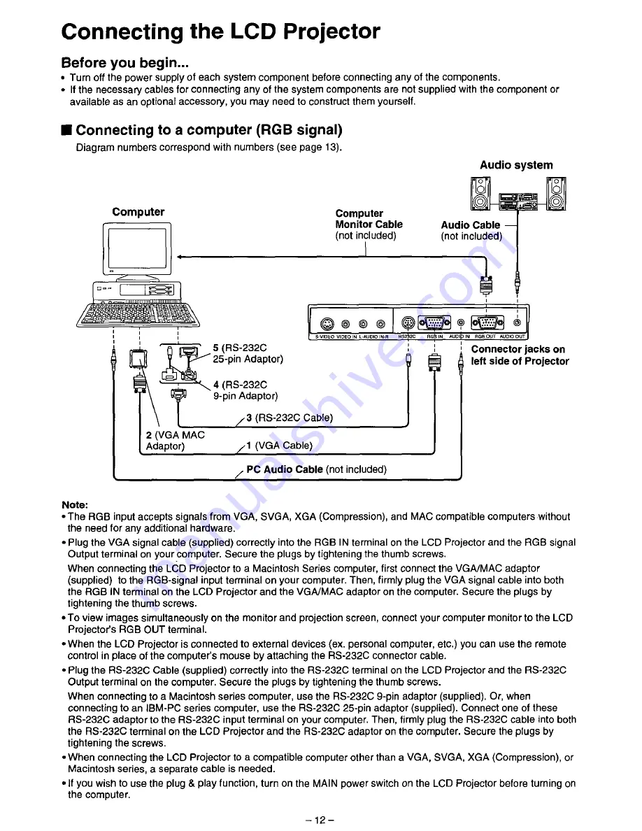 Panasonic PTL555U - LCD PROJECTOR Operating Instructions Manual Download Page 12