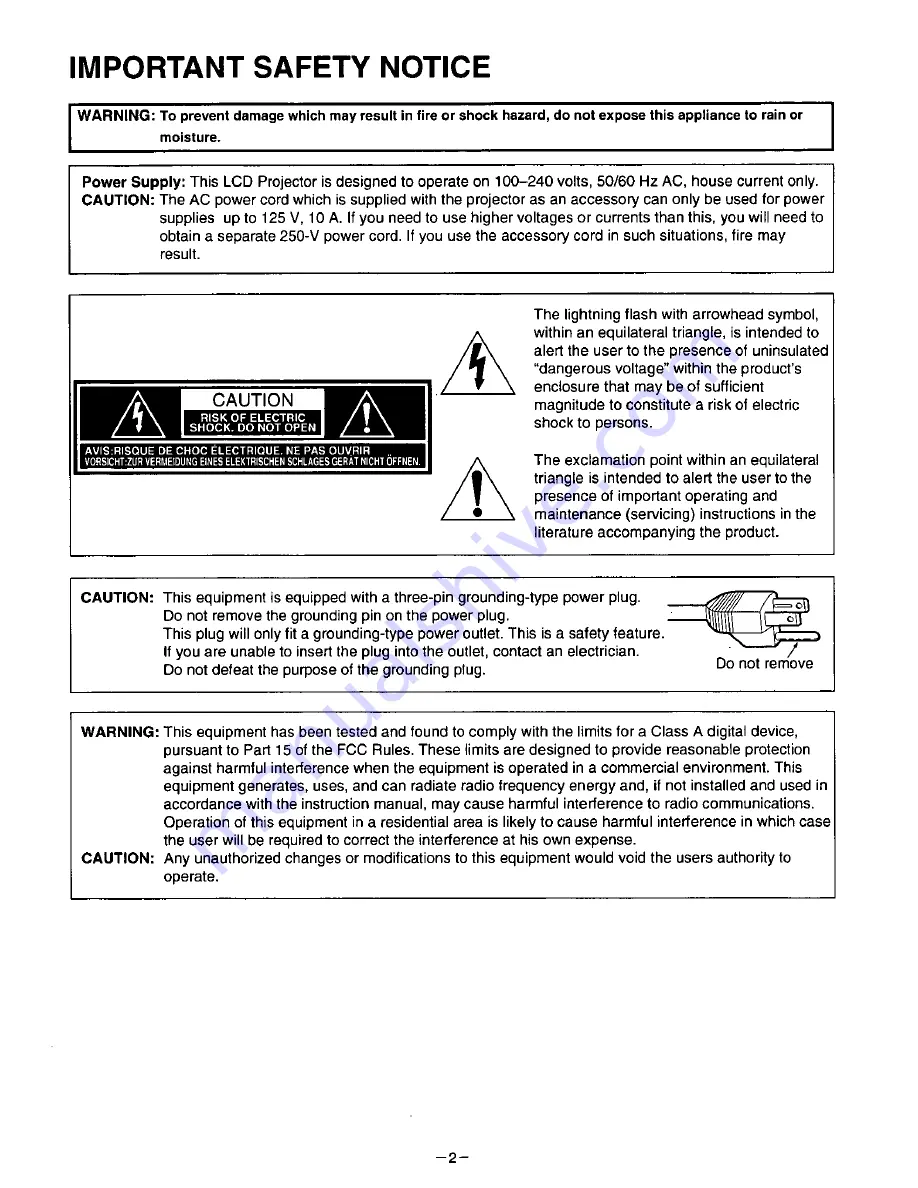 Panasonic PTL597U - LCD PROJECTOR Operating Instructions Manual Download Page 3