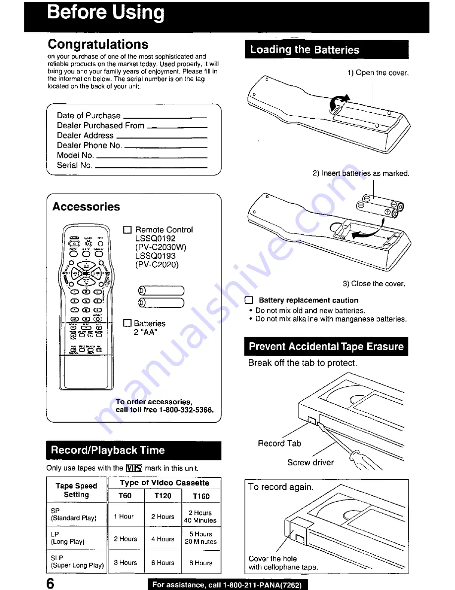 Panasonic QUASAR PV-C2030W Operating Manual Download Page 6