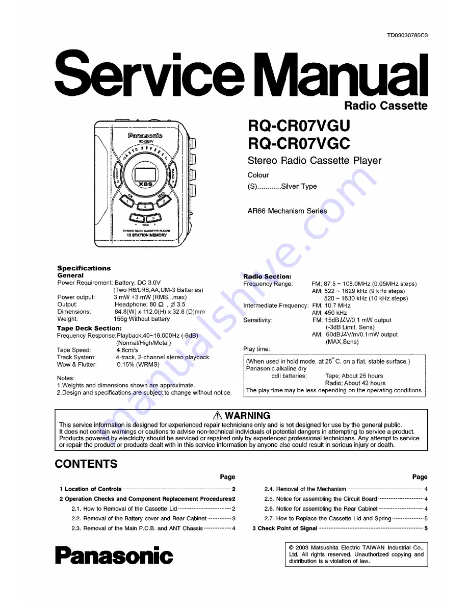 Panasonic RQ-CR07VGC Service Manual Download Page 1