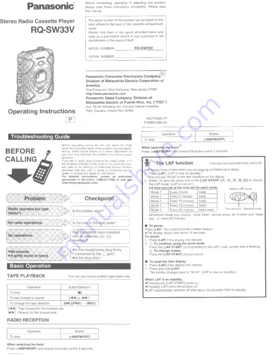 Panasonic RQ-SW33V Operating Instructions Manual Download Page 1