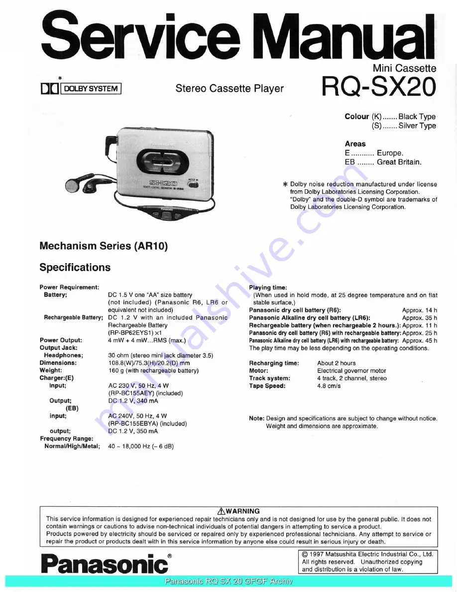 Panasonic RQ-SX20 Service Manual Download Page 1