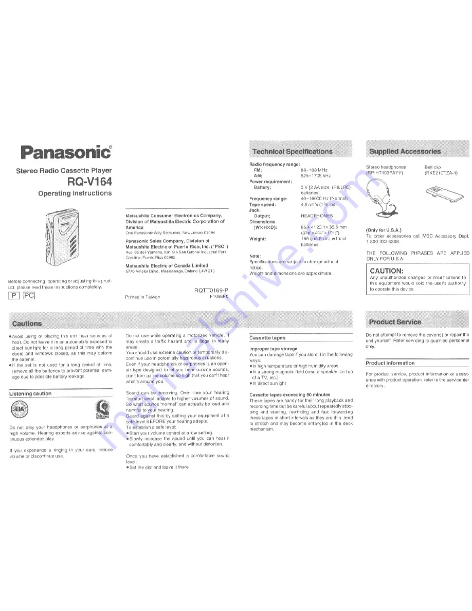 Panasonic RQ-V164 Operating Instructions Download Page 1