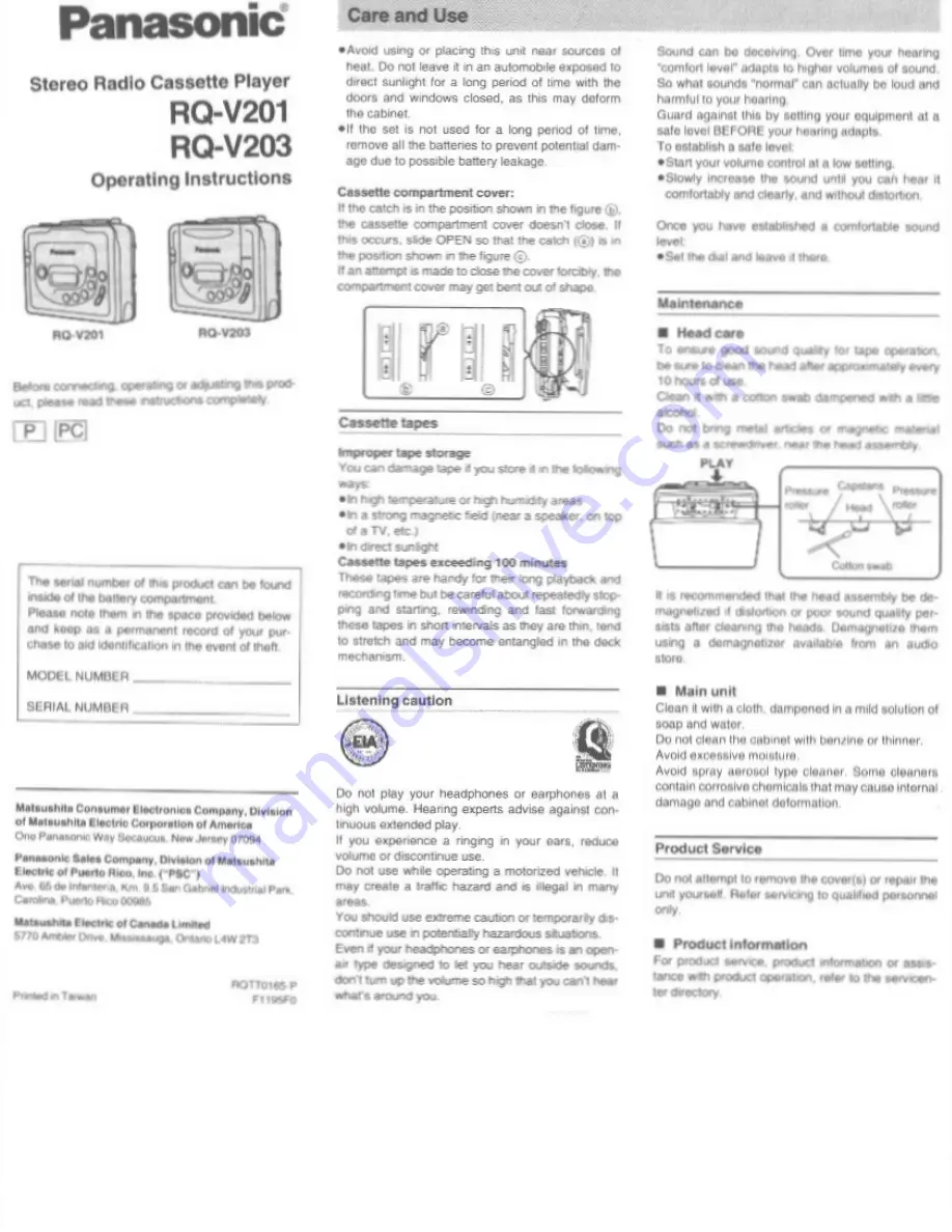 Panasonic RQ-V201 Operating Instructions Download Page 1