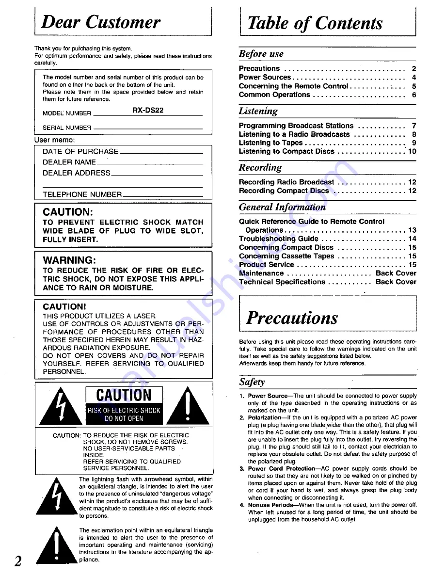 Panasonic RX-DS22 Operating Instructions Manual Download Page 2