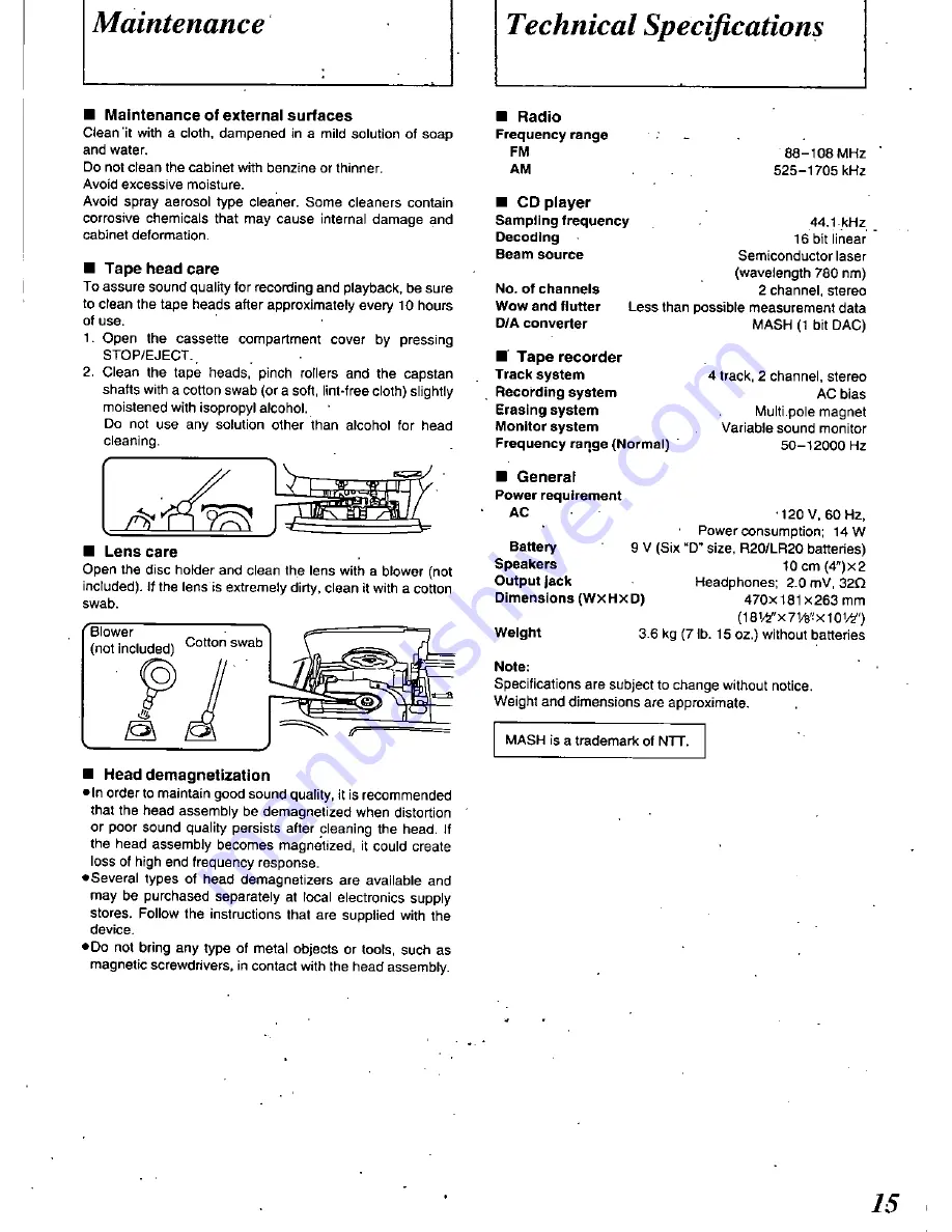 Panasonic RXDS14 - RADIO CASSETTE W/CD Operating Instructions Manual Download Page 15