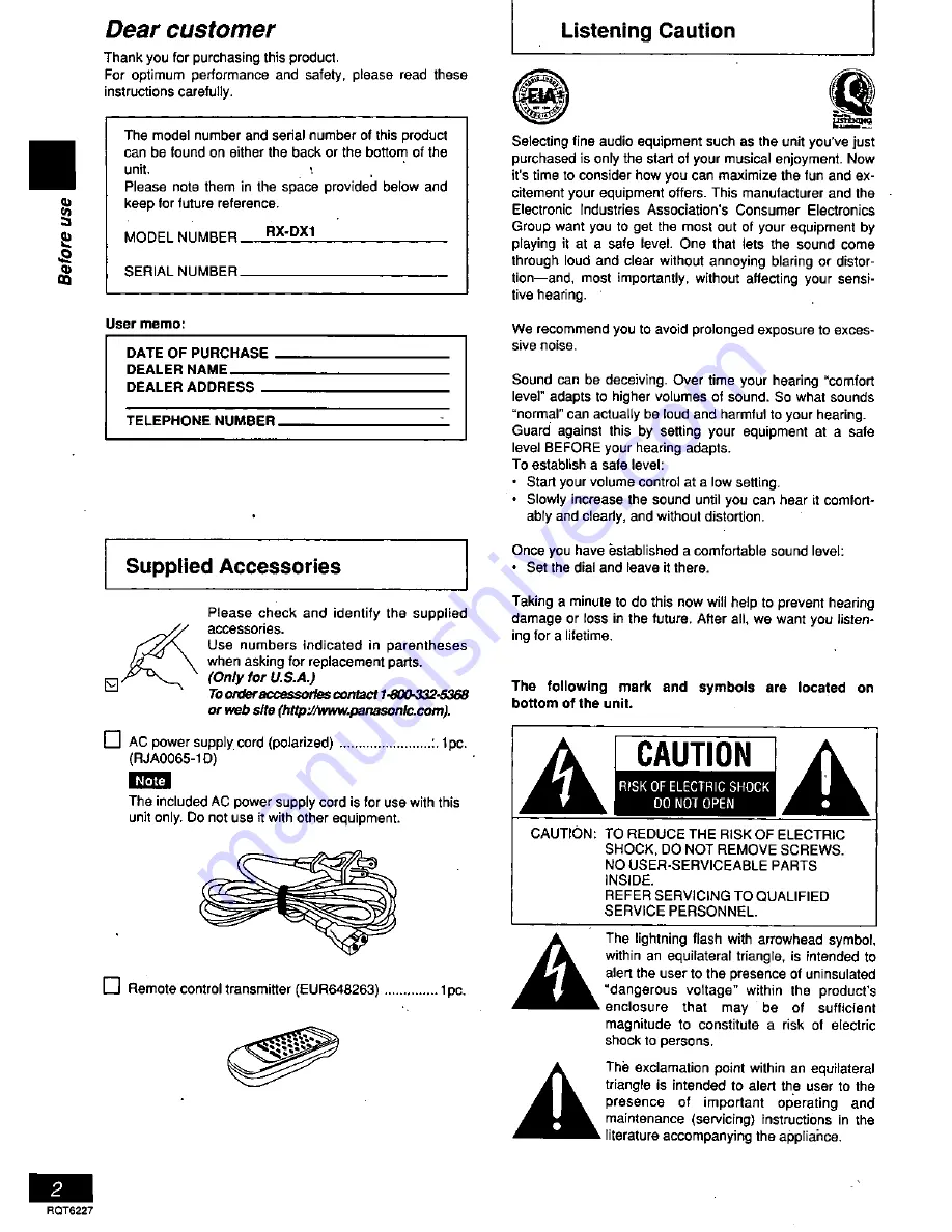 Panasonic RXDX1 - RADIO CASSETTE W/CD Operating Instructions Manual Download Page 2