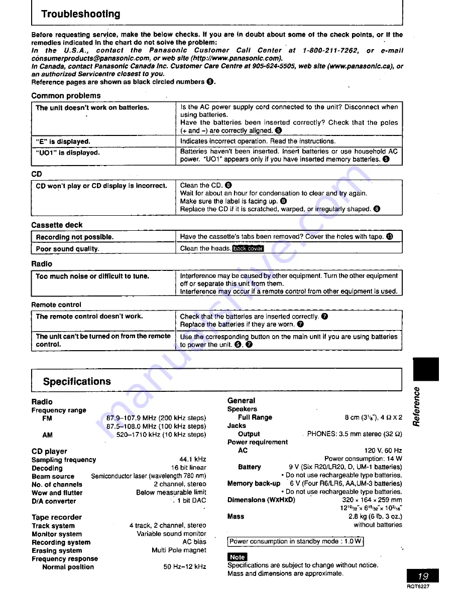 Panasonic RXDX1 - RADIO CASSETTE W/CD Operating Instructions Manual Download Page 19