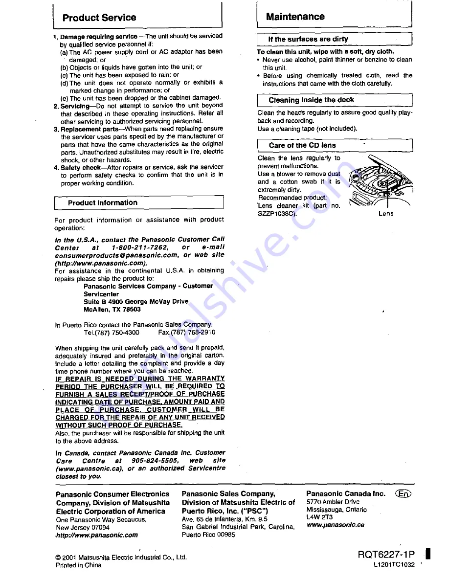 Panasonic RXDX1 - RADIO CASSETTE W/CD Operating Instructions Manual Download Page 20