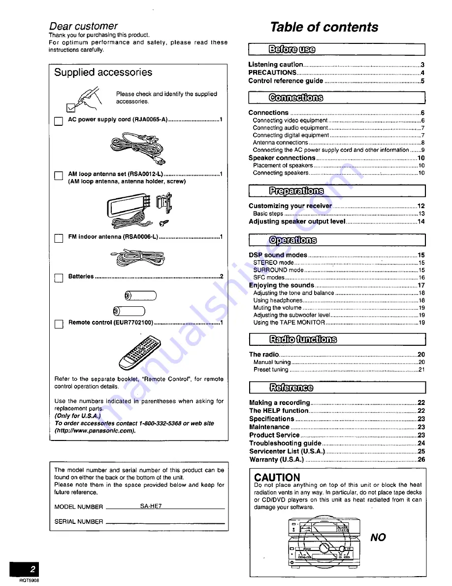 Panasonic SAHE7 - RECEIVER Operating Instructions Manual Download Page 2