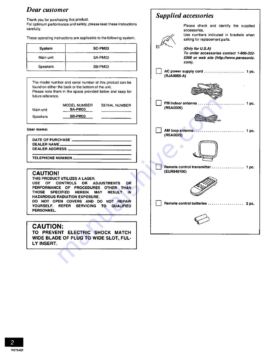 Panasonic SAPM03 - MINI HES W/CD PLAYER Operating Instructions Manual Download Page 2