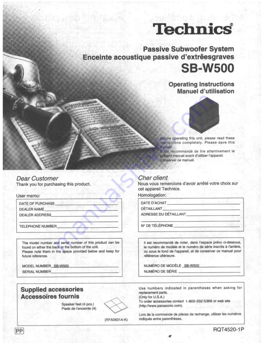 Panasonic SBW500 - SUBWOOFER SYS Operating Manual Download Page 1