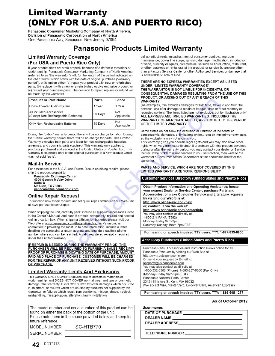 Panasonic SC-HTB770 Owner'S Manual Download Page 42