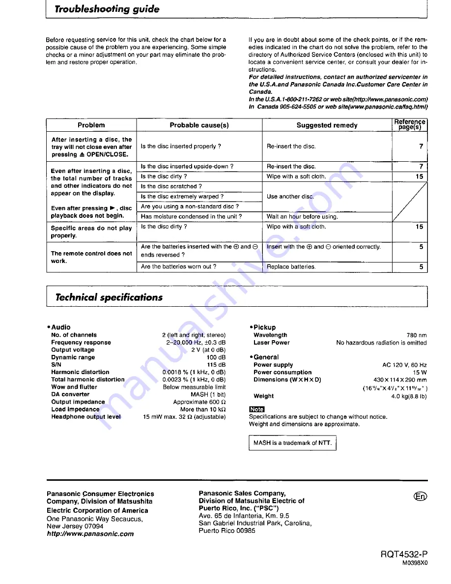 Panasonic SLPS770D - COMPACT DISC PLAYER Operating Manual Download Page 16