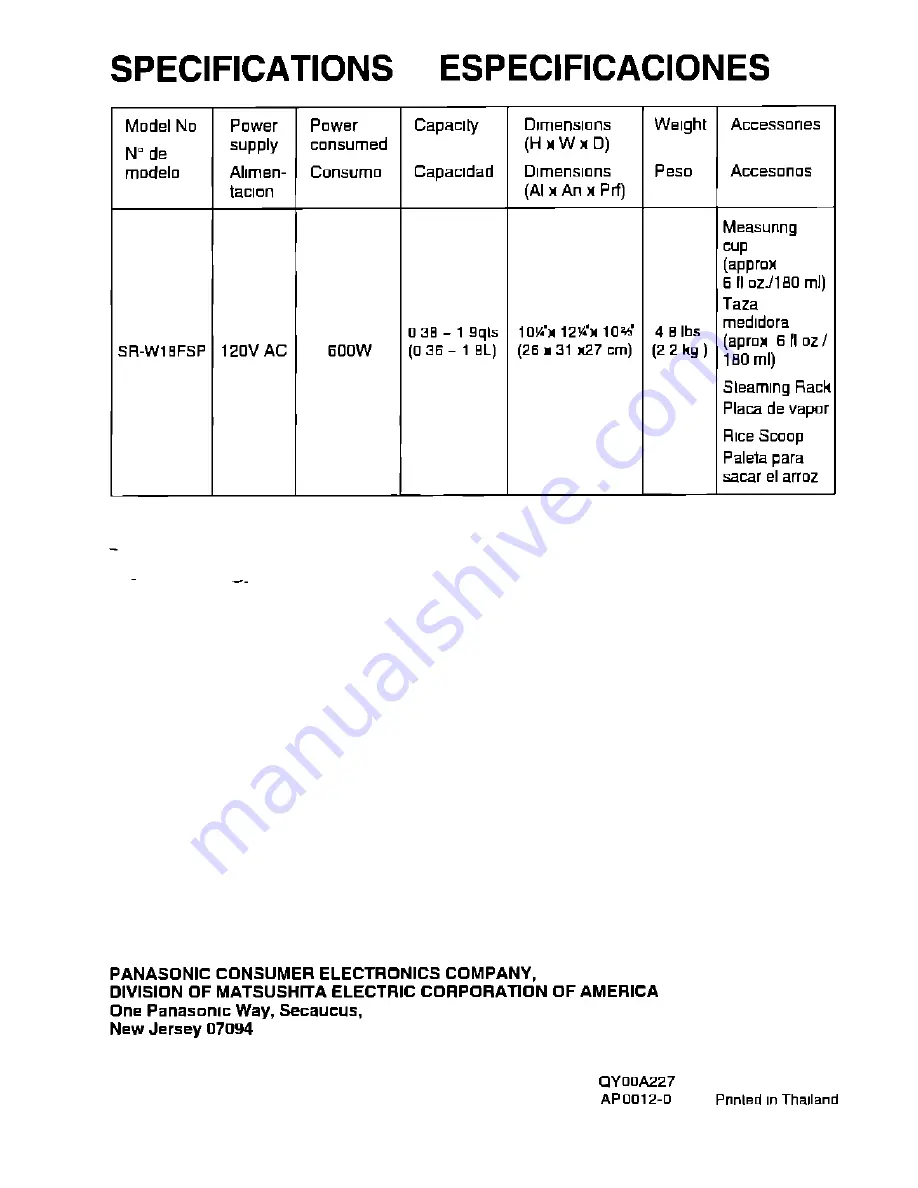 Panasonic SR-W18FSP Operating Instructions Manual Download Page 16