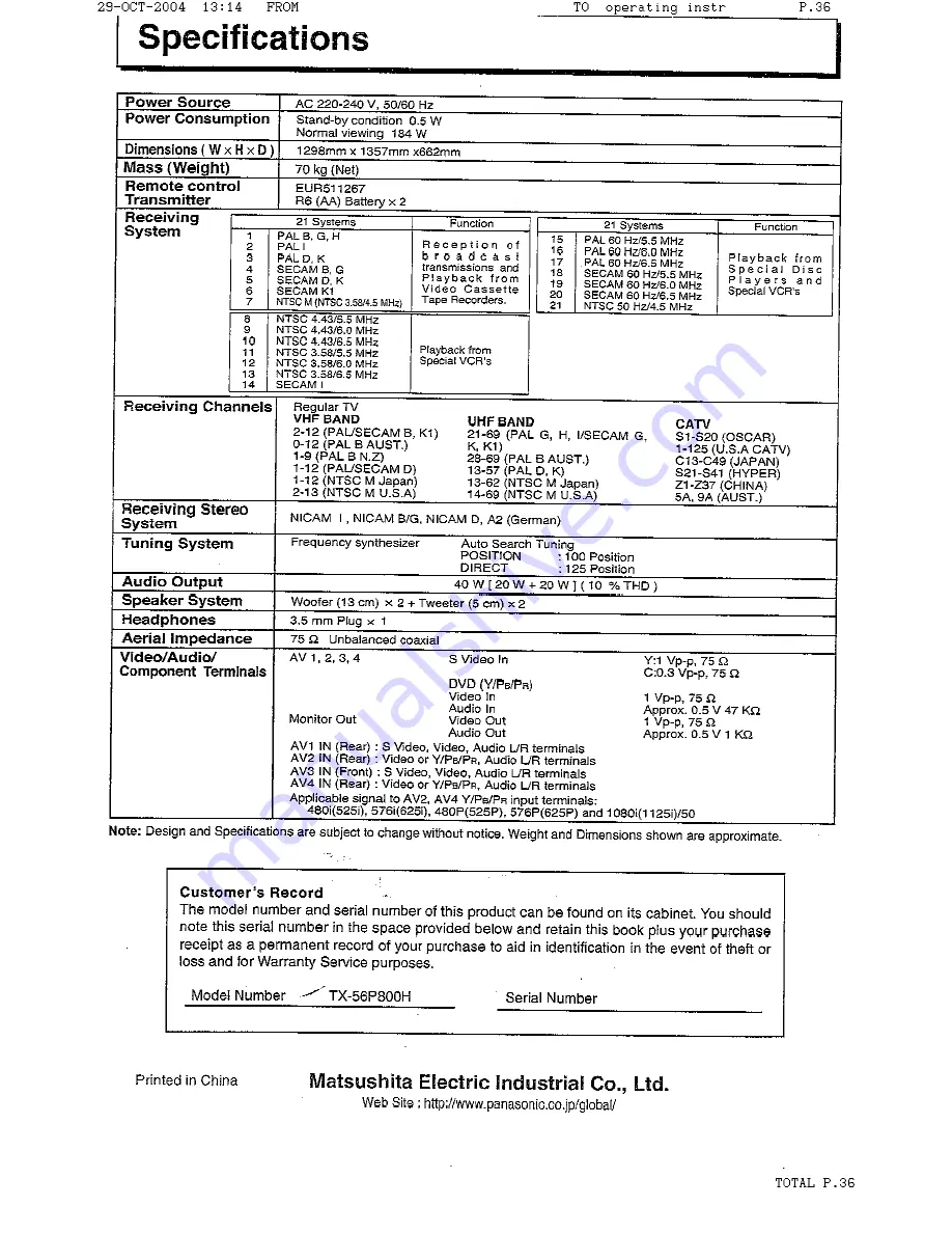 Panasonic TX-56P800H Operating Instructions Manual Download Page 36