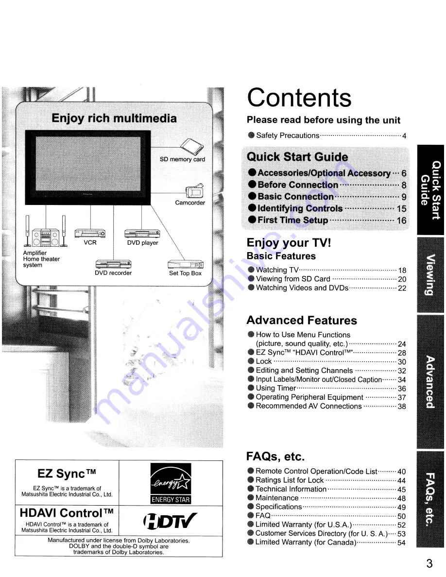 Panasonic Viera TC-32LX700 Скачать руководство пользователя страница 3