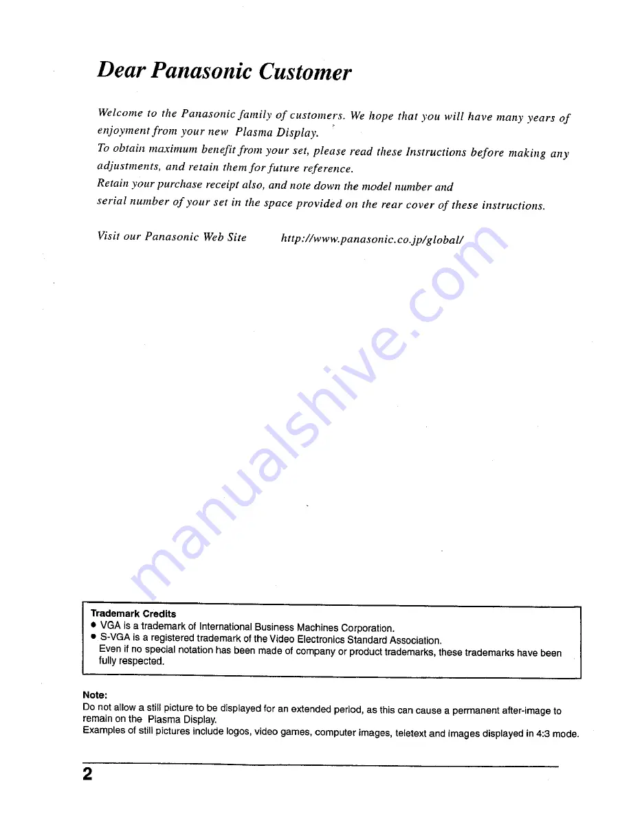 Panasonic Viera TH-42PWD4 Operating Instructions Manual Download Page 2