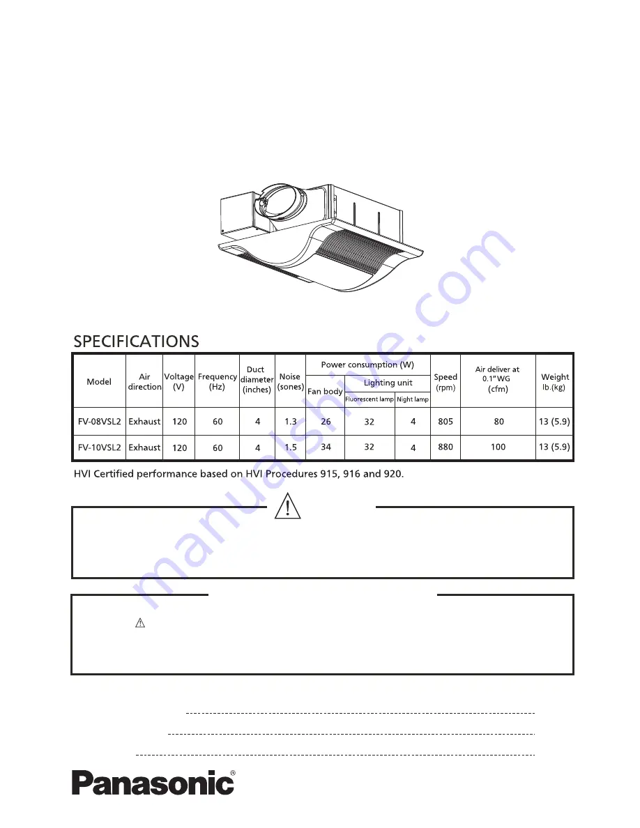 Panasonic Whisper Value-Lite FV-08VSL2 Service Manual Download Page 1