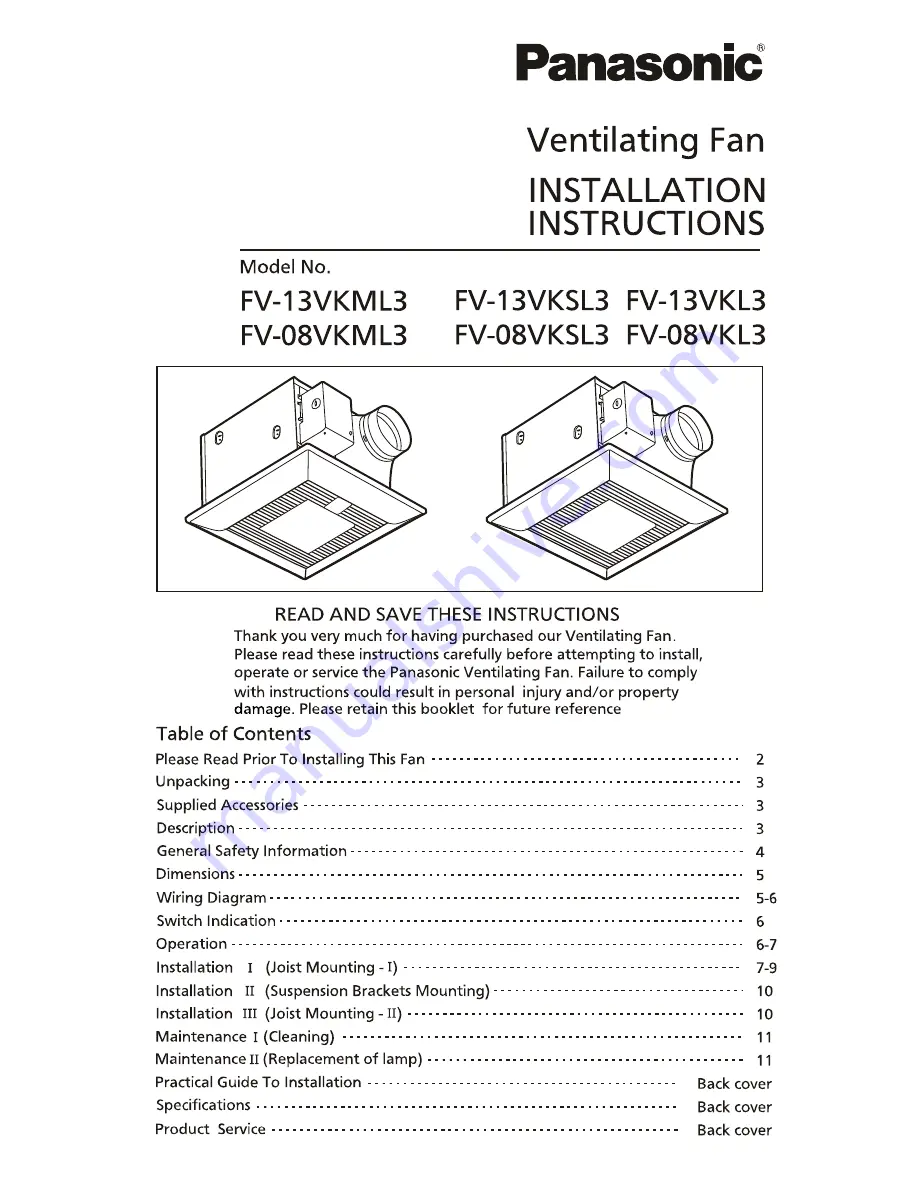 Panasonic WhisperGreen FV-08VKL3 Installation Instructions Manual Download Page 1