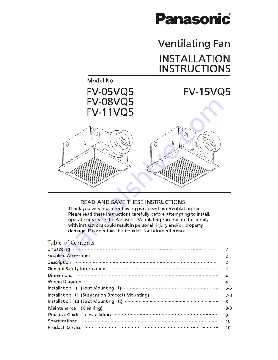 Panasonic WhisperLite FV-05VQ5 Скачать руководство пользователя страница 1