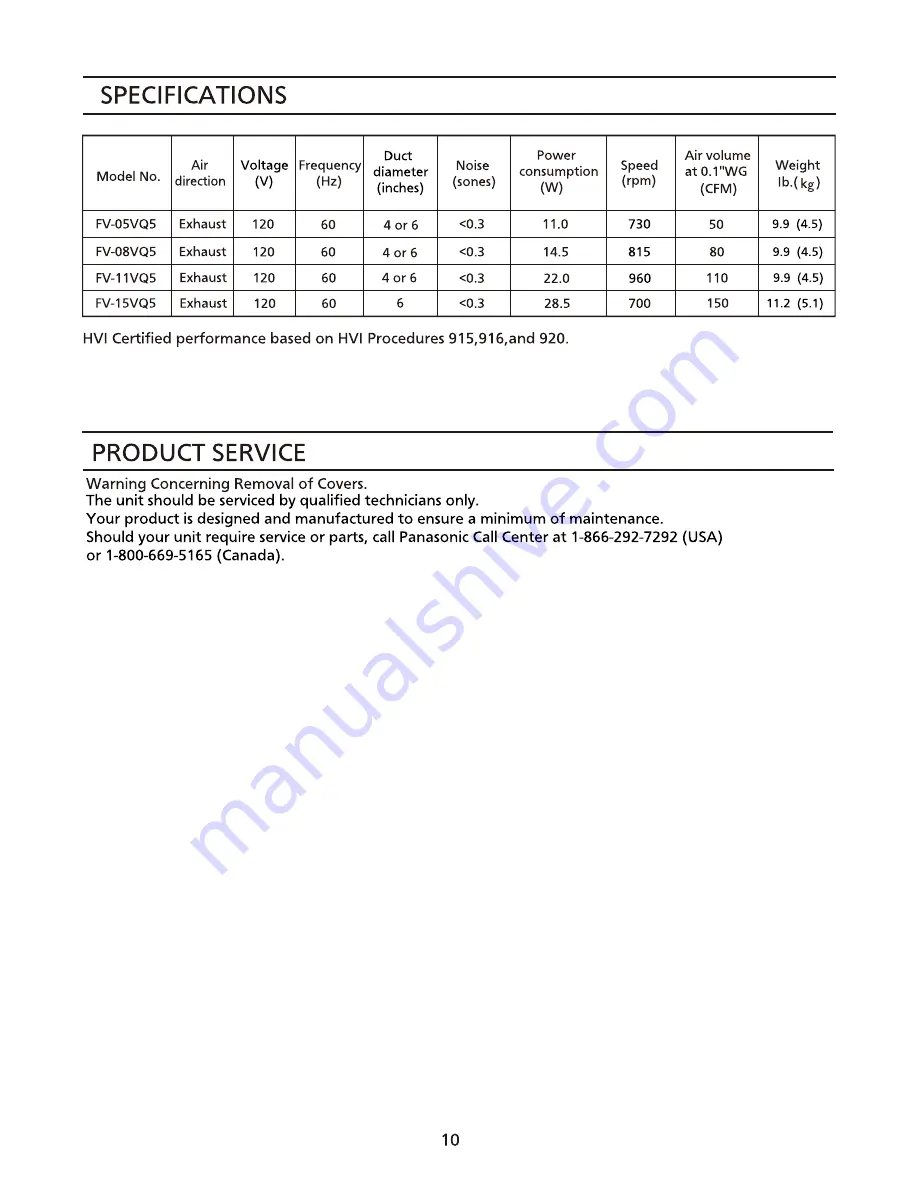 Panasonic WhisperLite FV-05VQ5 User Manual Download Page 10