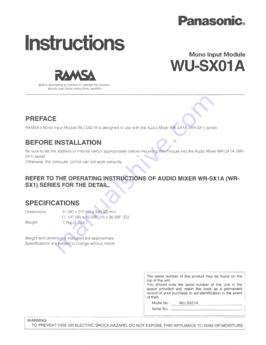 Panasonic WU-SX01 Instructions Download Page 1