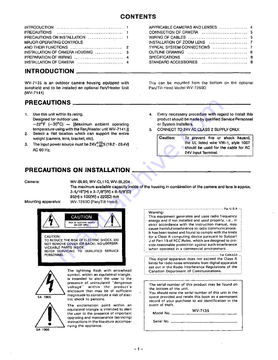 Panasonic WV-7135 Operating Instructions Manual Download Page 2