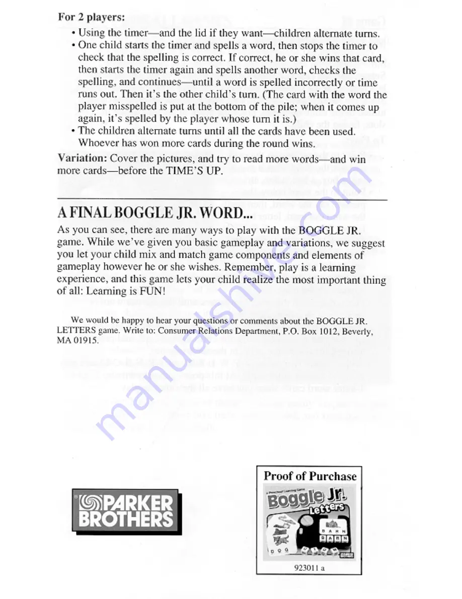 Parker Brothers Boggle Jr. Letters Playing Manual Download Page 7