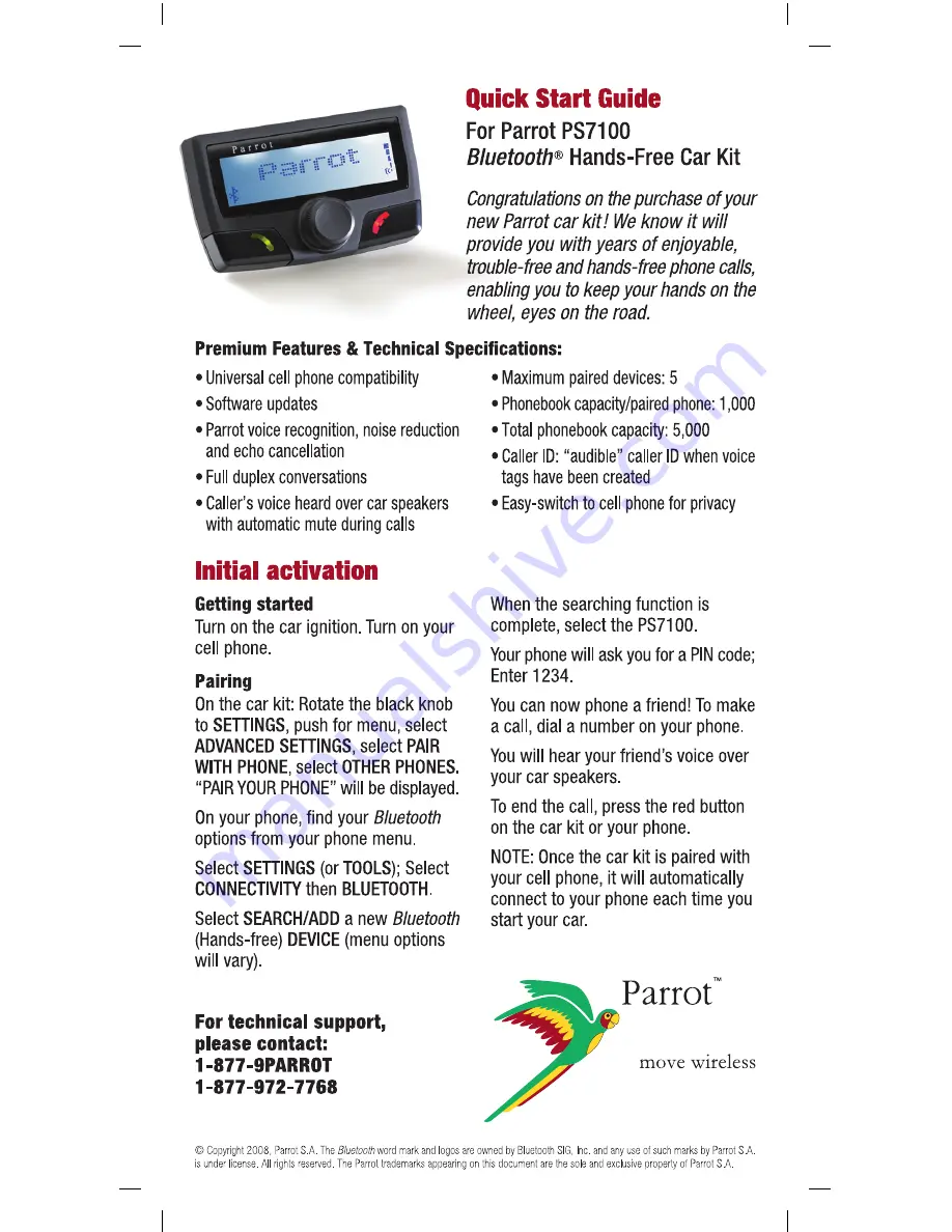 Parrot PS7100 Quick Start Manual Download Page 1