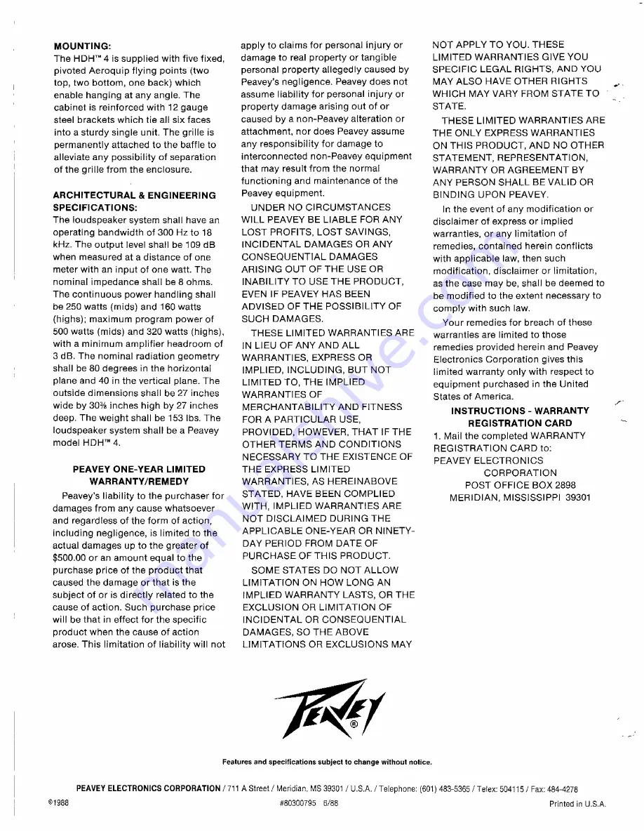 Peavey HDH 4 Specifications Download Page 4