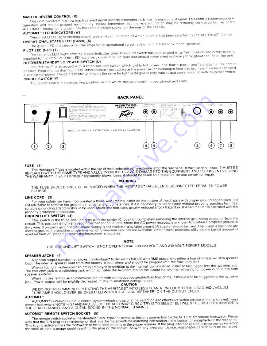 Peavey Heritage VTX Series Operating Manual Download Page 5