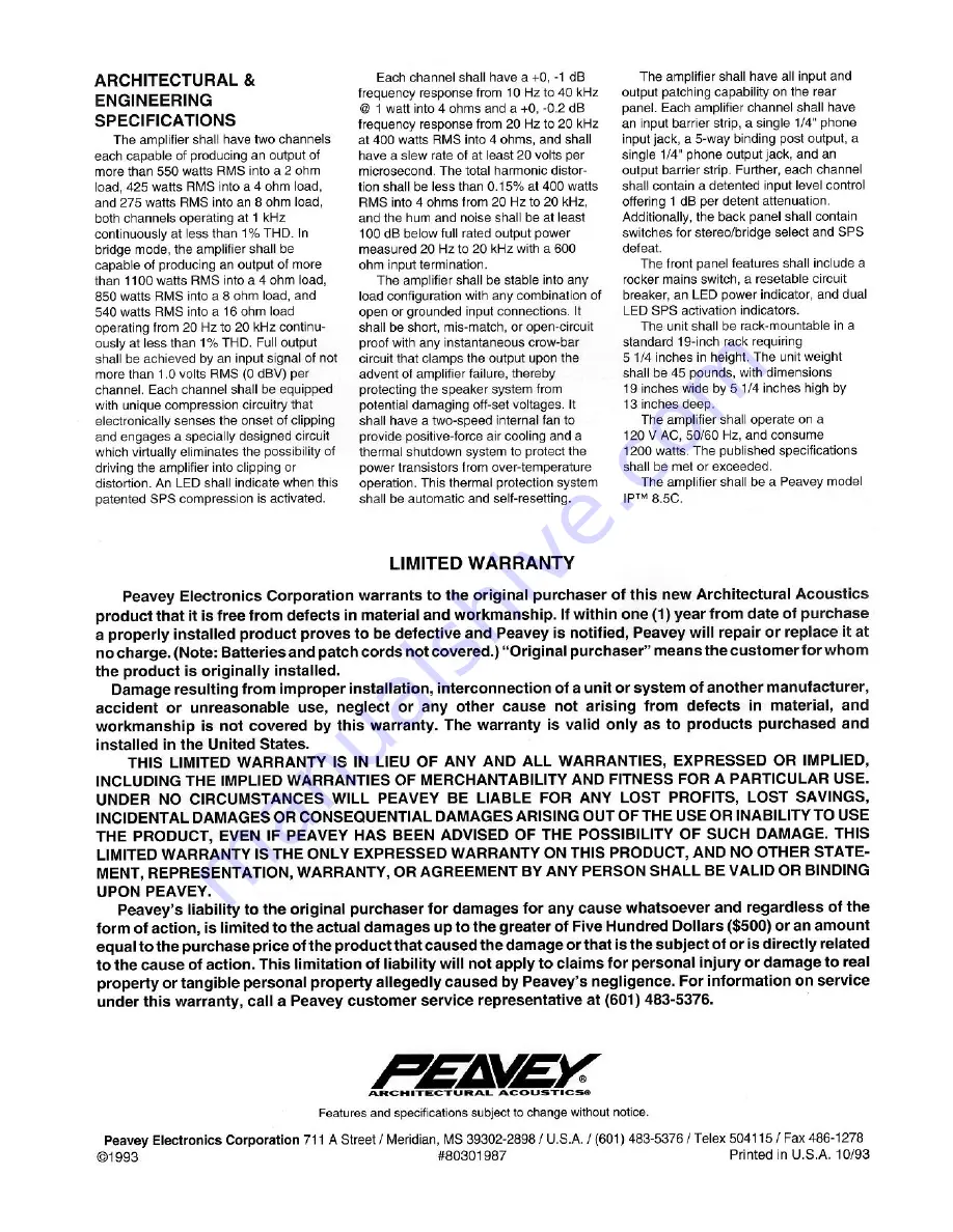 Peavey IP 8.5C Specification Sheet Download Page 2