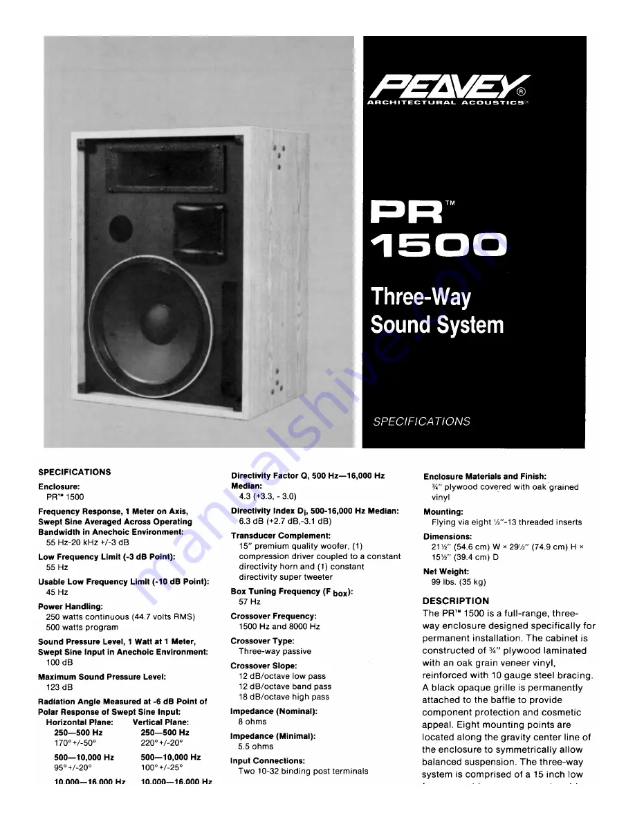 Peavey PR 1500 Specification Sheet Download Page 1