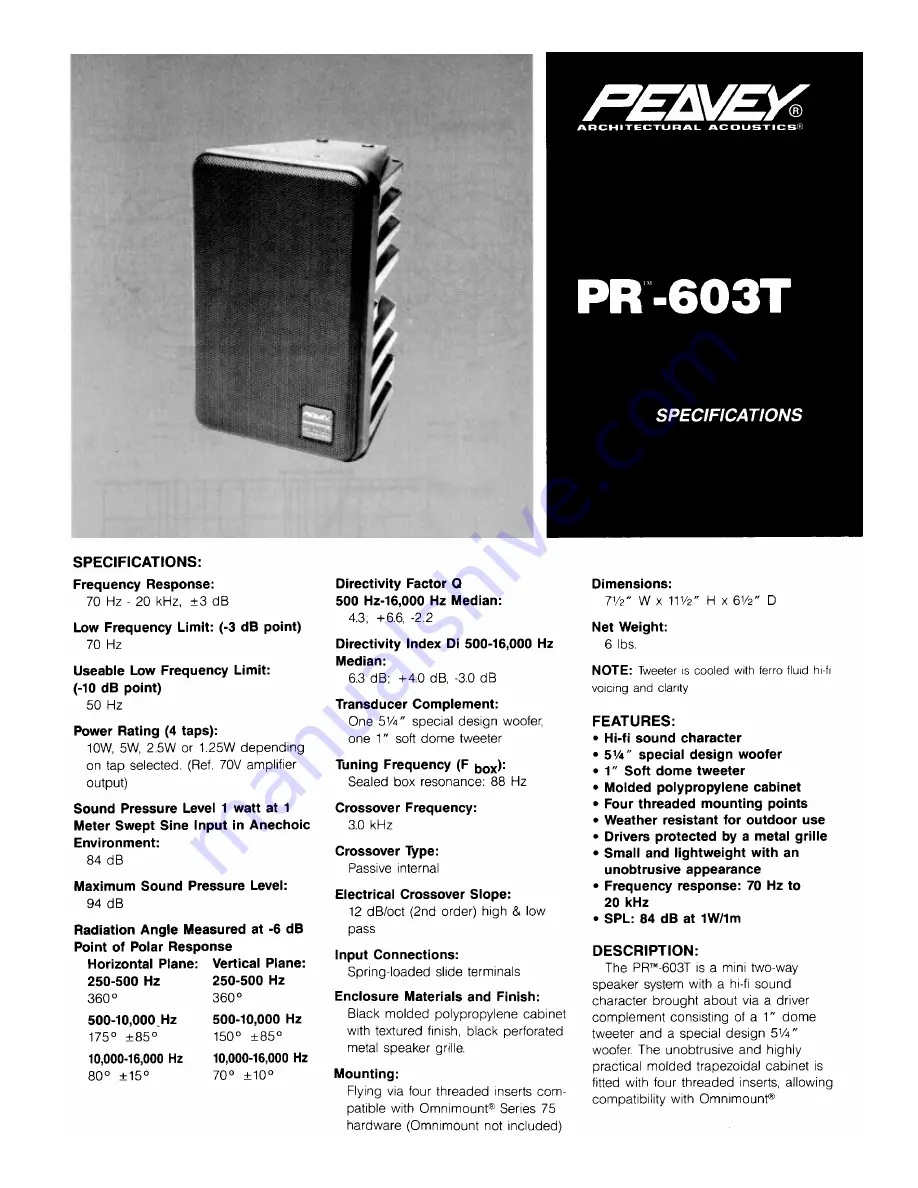 Peavey PR 603T Specifications Download Page 1