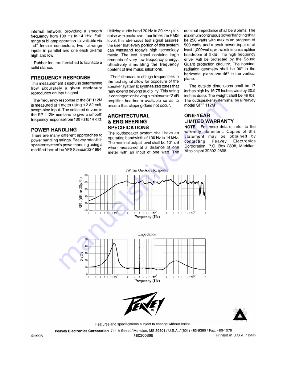 Peavey SP 112M Specification Sheet Download Page 2