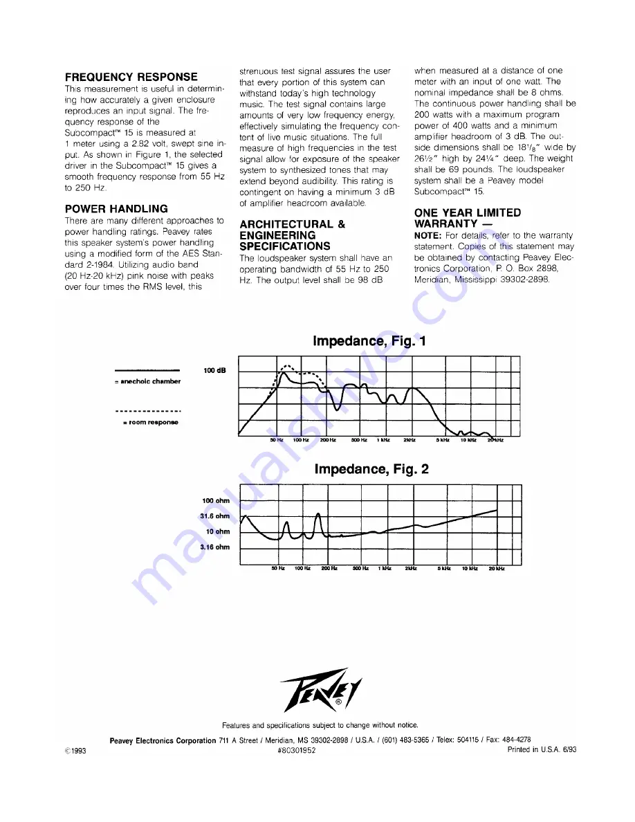 Peavey Subcompact 15 Specification Sheet Download Page 2