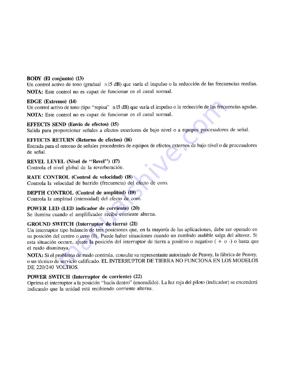 Peavey Transtube Series 212 EFX Specification Sheet Download Page 9