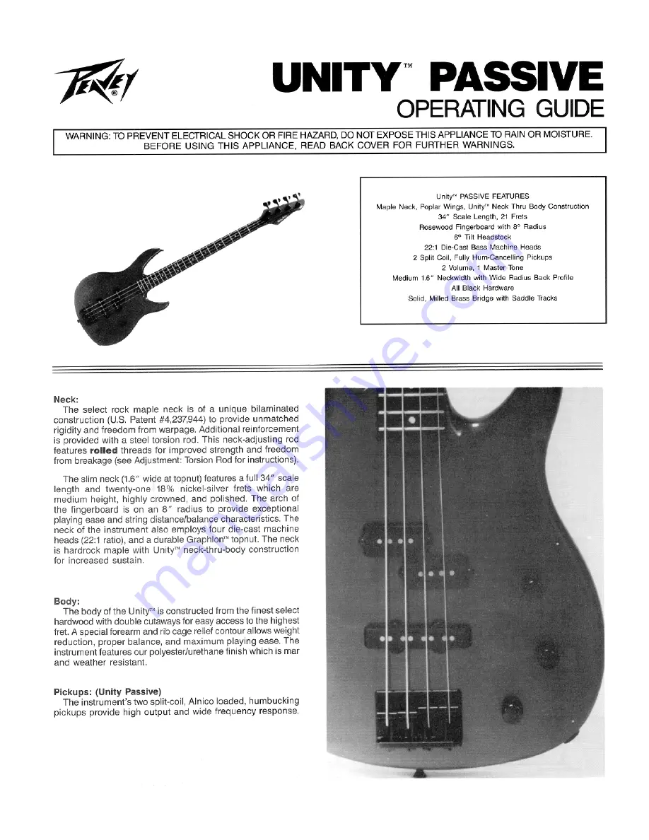 Peavey Unity Passive Operating Manual Download Page 1