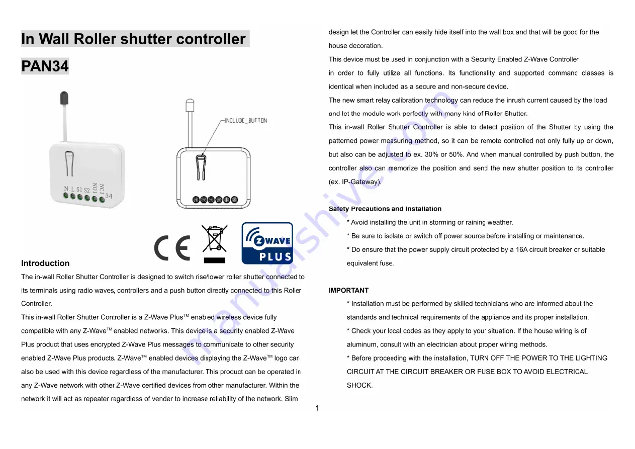 Philio Technology Corporation PAN34 Manual Download Page 1