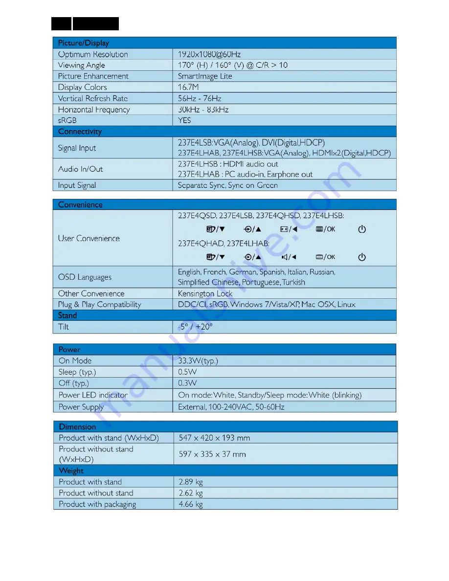 Philips 237E4QSD/00 Скачать руководство пользователя страница 6