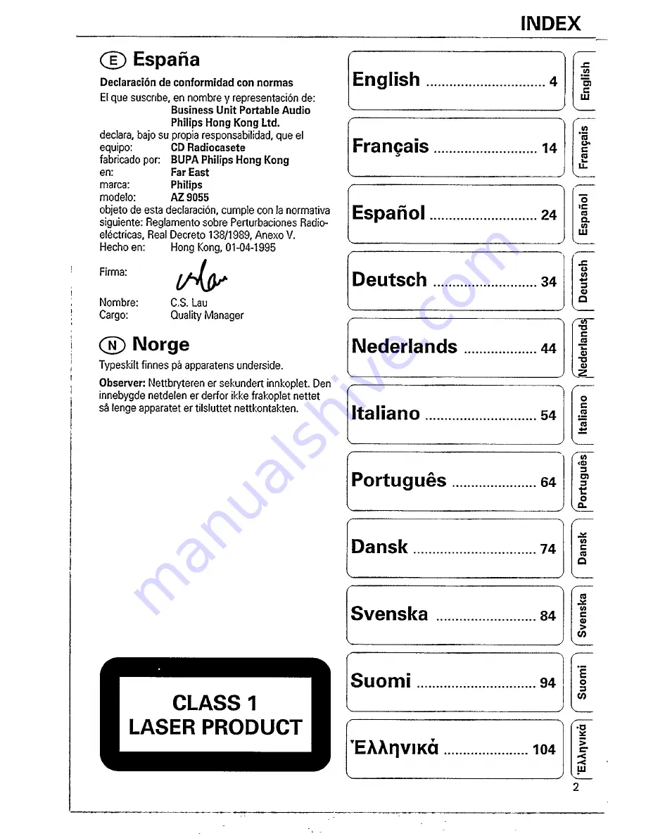 Philips AZ 9055 (Portuguese) Product Manual Download Page 2